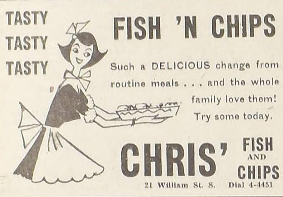 Chris’ Fish and Chips promised Lindsay residents a “delicious change from routine meals” in this 1955 advertisement.