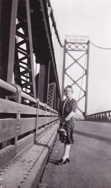 The well-travelled Effie McQuarrie poses on the Ambassador Bridge later in life. Courtesy Patty McKechnie.